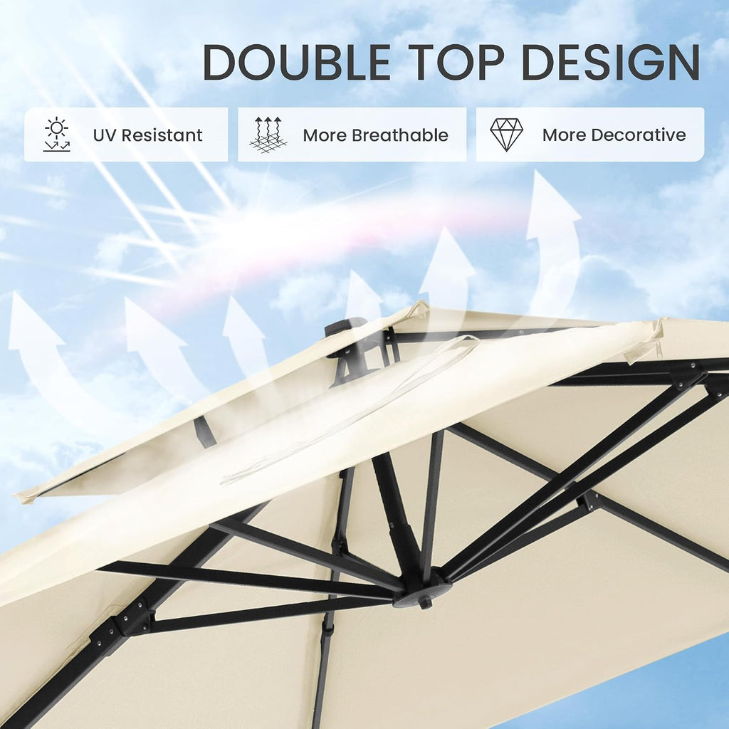 10x10 FT Cantilever Patio Umbrella Double Top Outdoor Square Large Heavy Duty Aluminum Offset Umbrellas with 7 Level