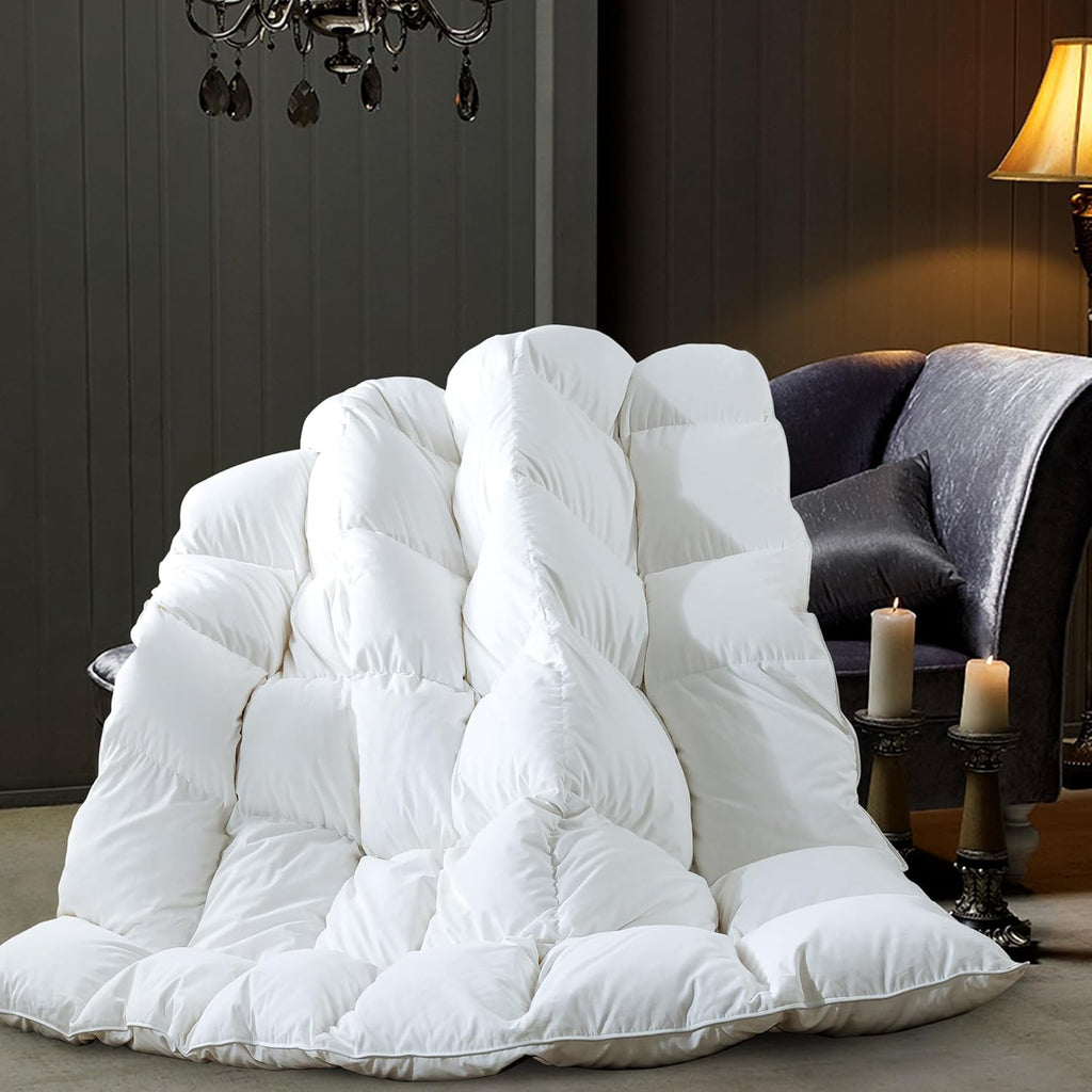 Feather Comforter Queen, Filled with Feather and Downfiber, All Season White Luxury Hotel Fluffy Bed