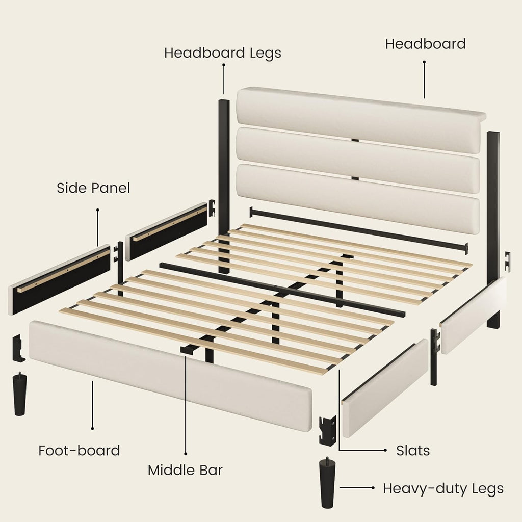 Queen Bed Frame, Platform Bed Frame with Velvet Upholstered Headboard, No Box Spring Needed, Sturdy Metal Support
