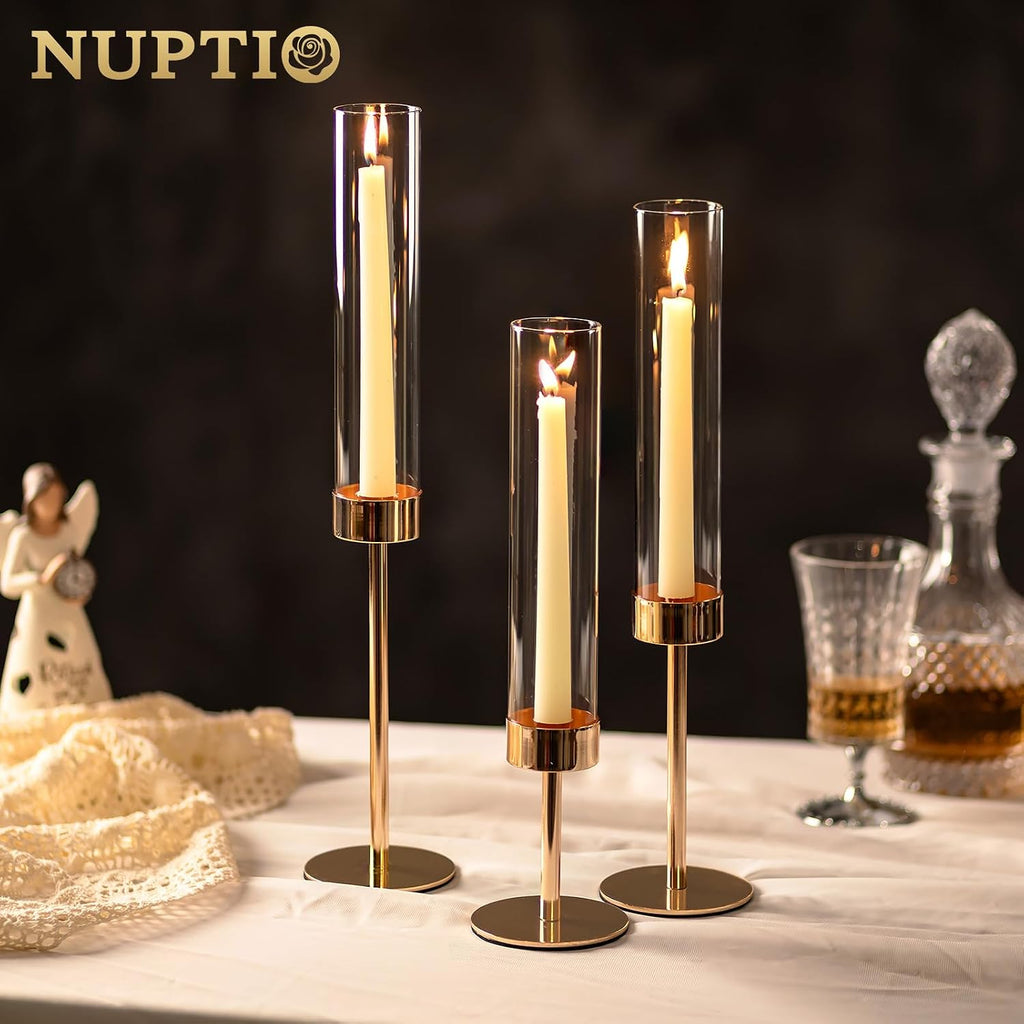 Hurricane Candle Holder for Candlestick: 6 Pcs Gold Taper Candlestick Holders - Tall Modern Candles Stick Decor with