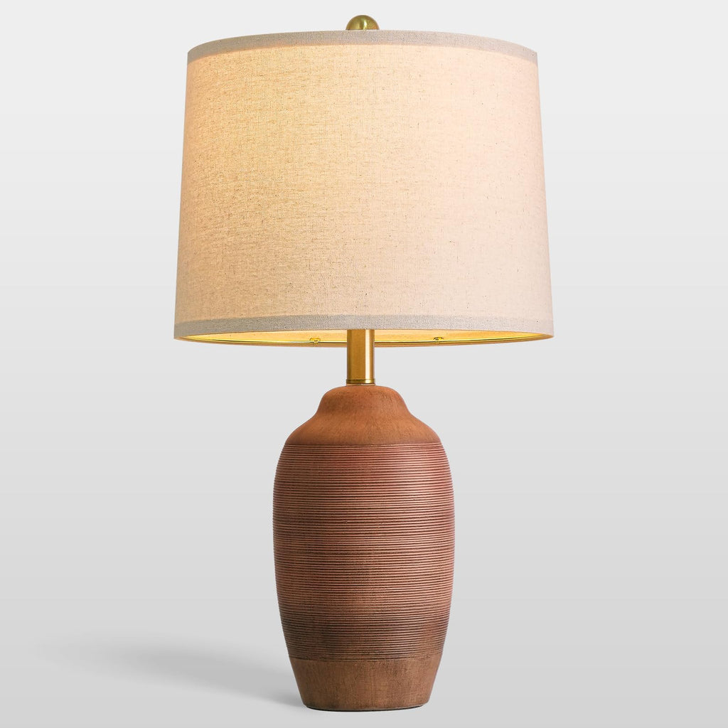 24.5" Single Rustic Terracotta Brown Handcrafted Ceramic Table Lamp 5FT Cord, Farmhouse Vintage Lamp with Linen Drum