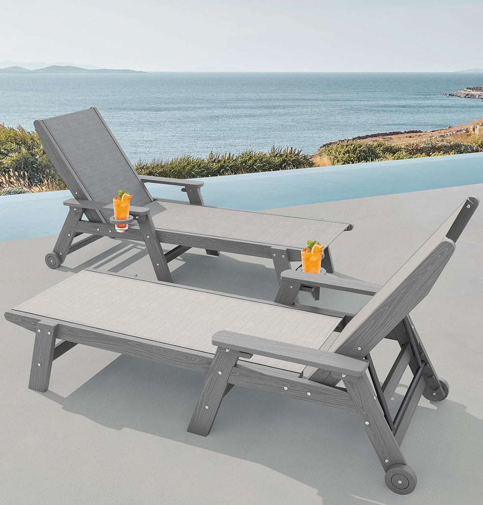 Textilene Patio Chaise Lounge Chair, HDPE Outdoor Lounger | with Rolling Wheels, Gray
