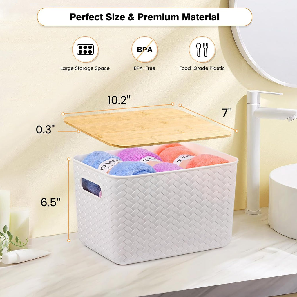 4 Packs Storage Bins with Bamboo Lids - Plastic Storage Containers with Lids Stackable Storage Box:Storages Baskets