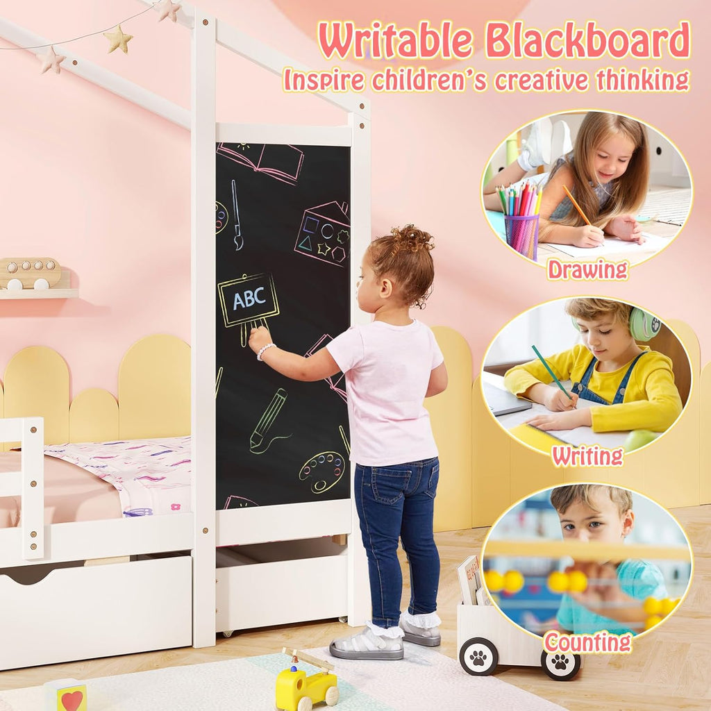 Twin Bed with 2 Storage Drawers, Solid Wood House Bed with Blackboard & Safety Guardrails, Tw Bed w/Slats Support, No
