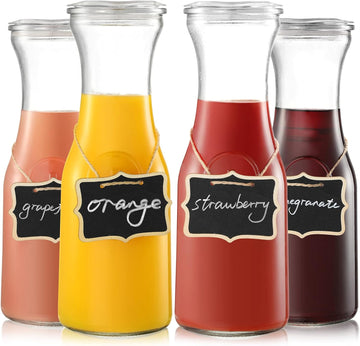 Set of 4 Glass Carafe with Lid, 1 Liter Beverage Serveware Carafe, Clear Glass Pitcher for Mimosa Bar, Brunch, Cold