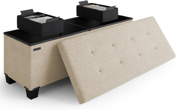 Storage Ottoman Bench with Bins, 43-in Storage Bench End of Bed, Folding Foot Rest Ottoman Max 660lbs, Fabric