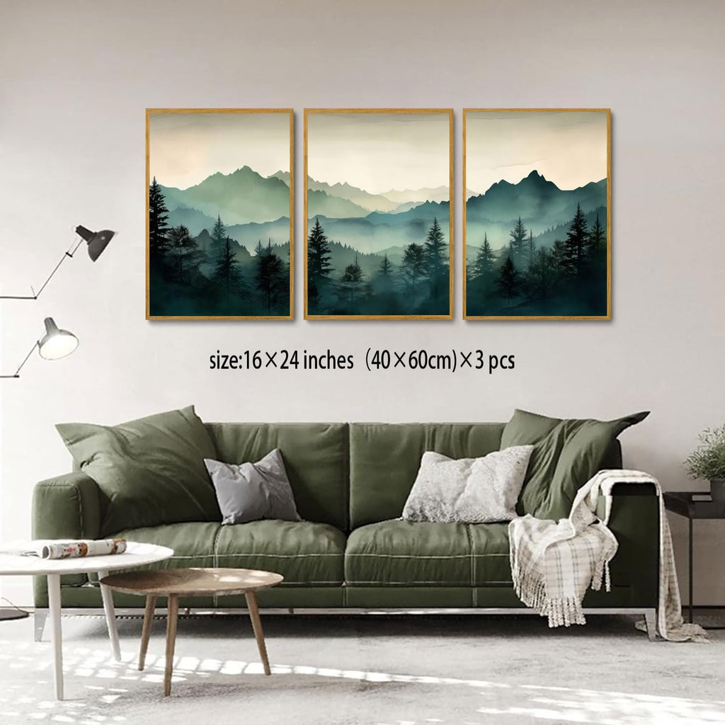 Framed Mountain Wall Art Set of 3 Sage Green Forest Canvas Prints Nature Landscape Watercolor Pictures Wall Decor