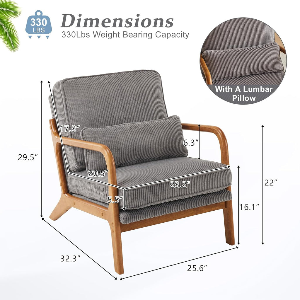 Upgraded Premium Corduroy Accent Chair,Upholstered Arm Chair,Solid Wood Comfy Reading Chair with Lumbar Pillow, Mid