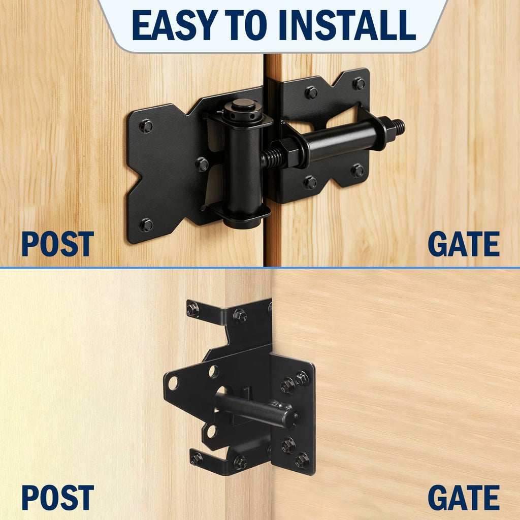 Adjustable Self-Closing Gate Hinges and Self-Locking Gate Latch Hardware Kit, Heavy Duty Black Gate Hardware for