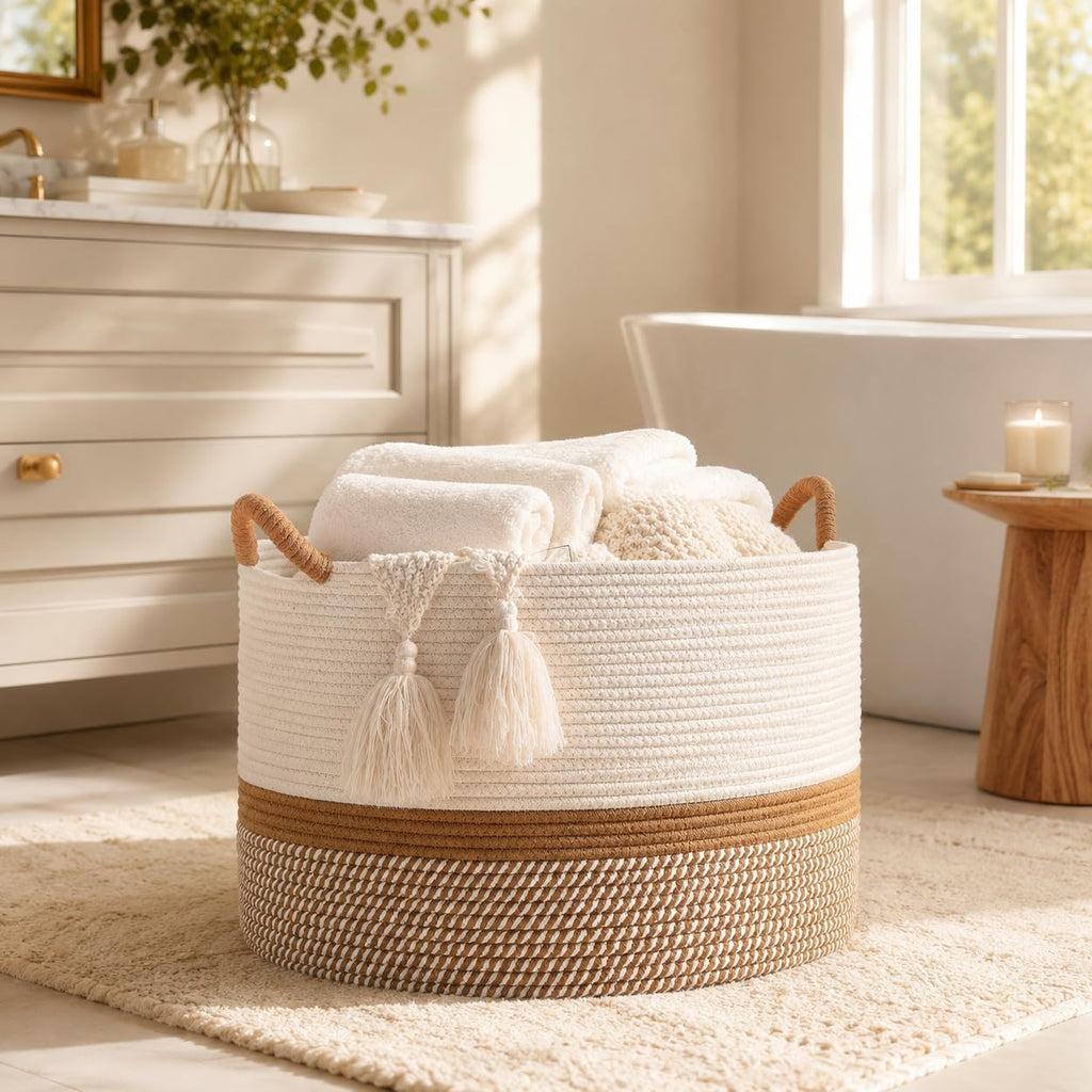 Large Blanket Basket with Handles, Storage Basket | Extra Large Capacity | Blanket Storage | Laundry Basket | Natural