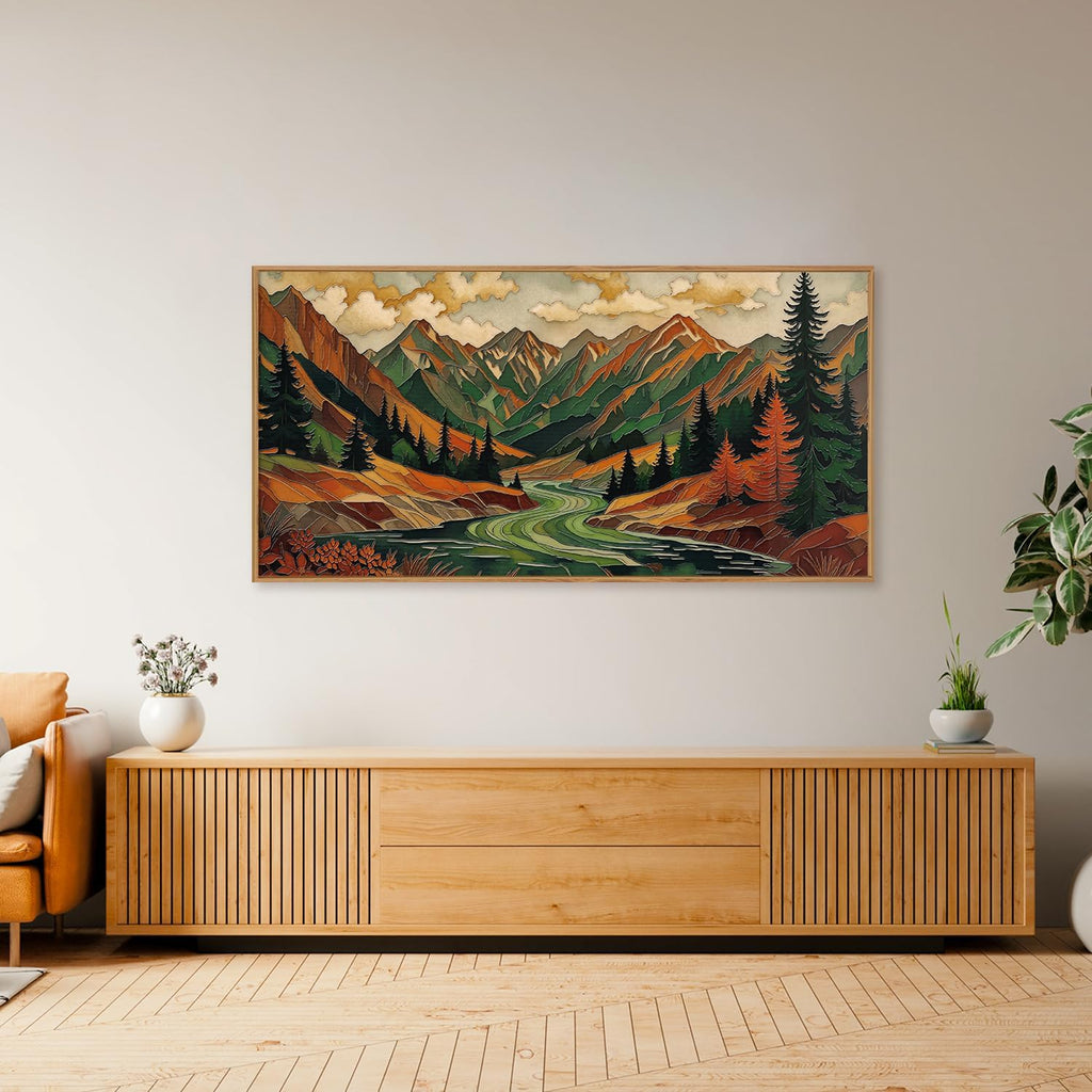 Abstract Boho Mountain Framed Canvas Wall Art Set,Vibrant Forest Pine Tree Wall Decor,Textured Landscape Artwork