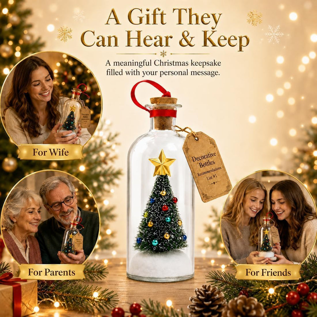 Recordable Christmas Tree in a Bottle Ornament,30-Second Voice Recording Keepsake with Snowy Mini Trees,Glass - Set of 3