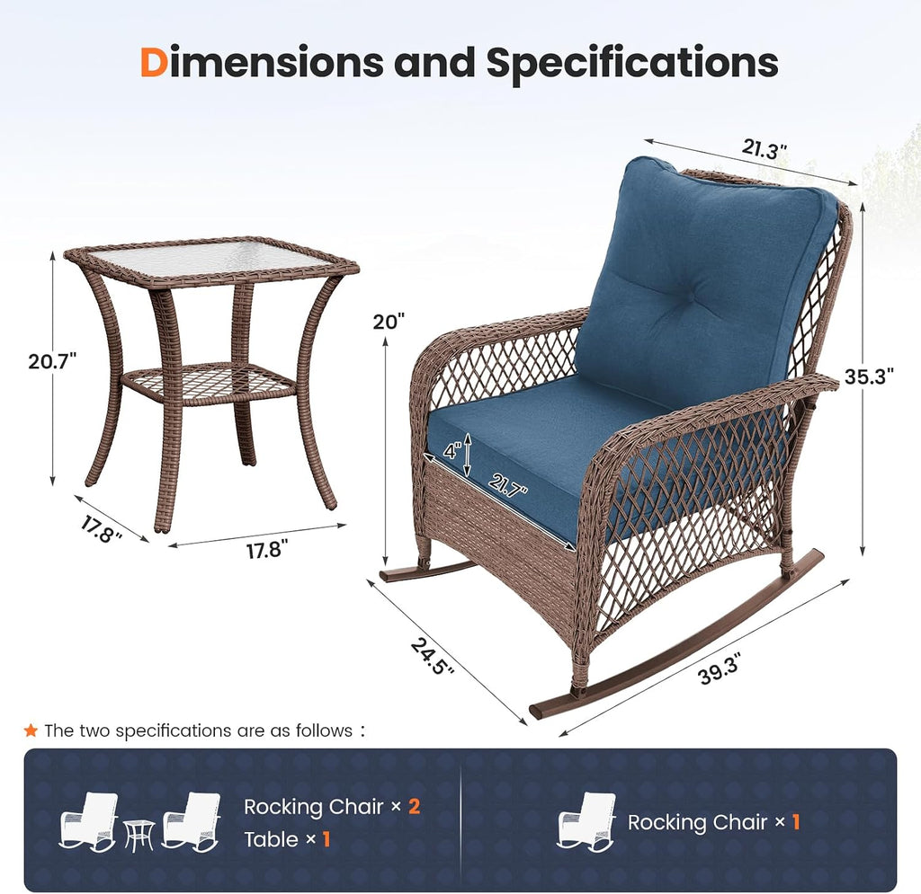 Rocking Chair Outdoor Set 2 w/Coffee Table, 3 Pc Wicker Bistro Set | Rocking with 4" Water-Resistant Cushions