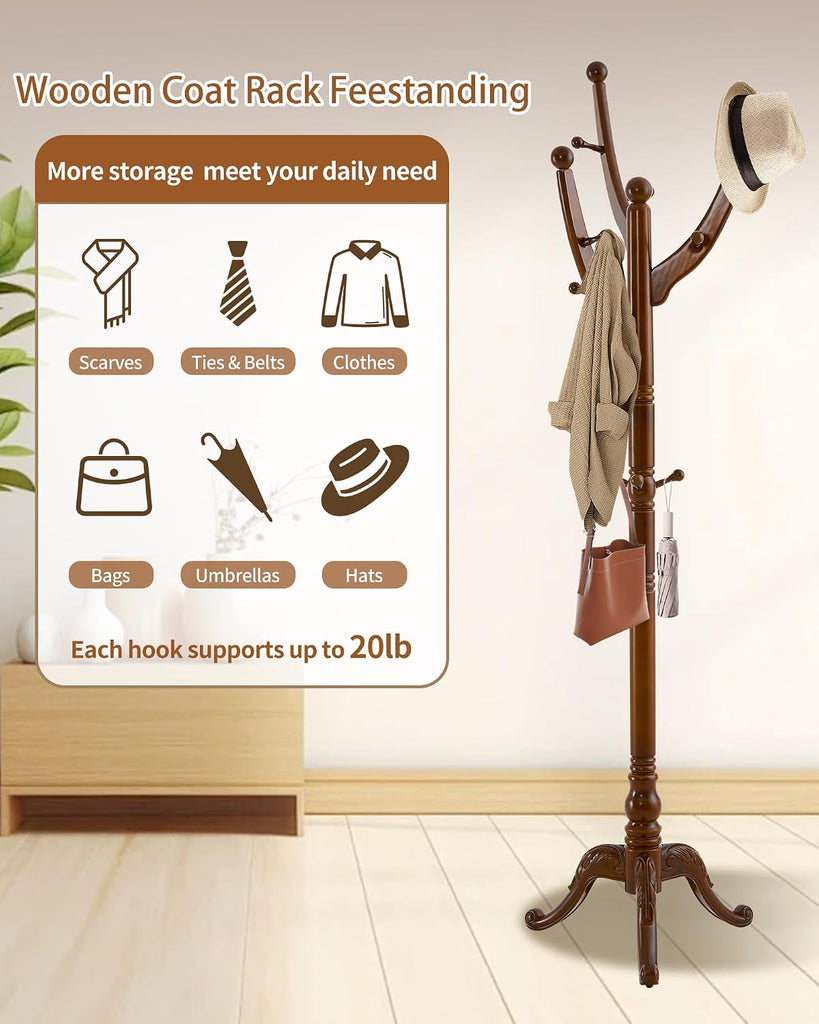 Wooden Coat Rack Freestanding, Solid Wood Coat Rack Stand with 13 Hooks, Mid-Century Modern Heavy Duty Coat