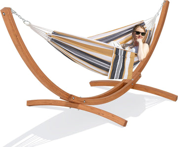 Freestanding Hammock with 10 ft Wooden Stand Included, Coffee | Stand Alone Hammock for Outside, 475 lbs Capacity