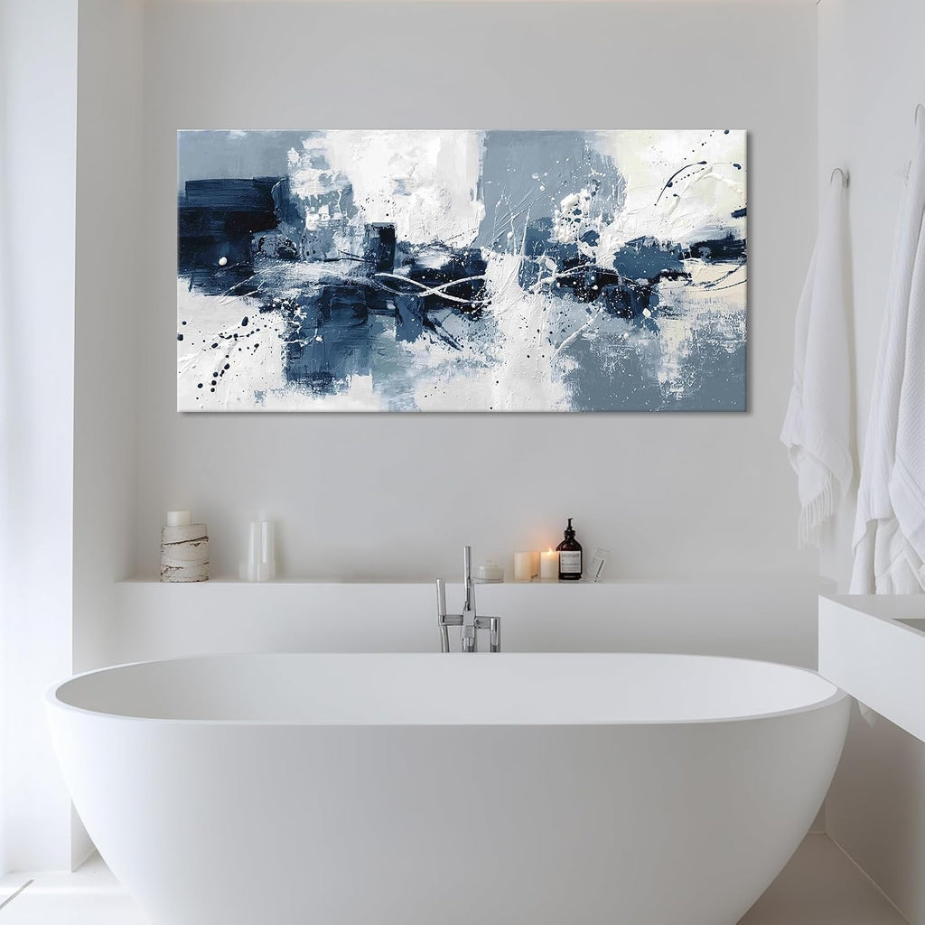 Large Navy Blue White Abstract Wall Art Modern Geometric Abstract Canvas Painting Prints Minimalist Artwork Dining
