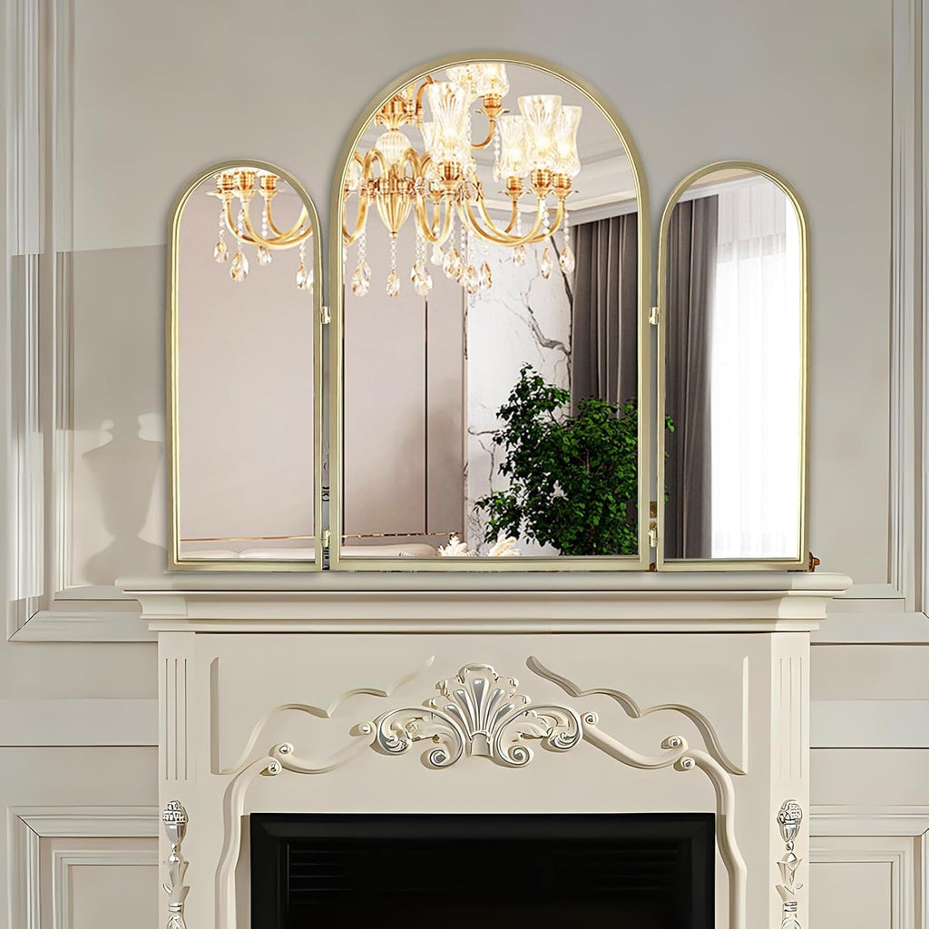Trifold Vanity Mirrors 3 Way, 30 x 37in Adjustable Vanity Mirrors , Champaign Golden Arch Mirrors Wall Mounted