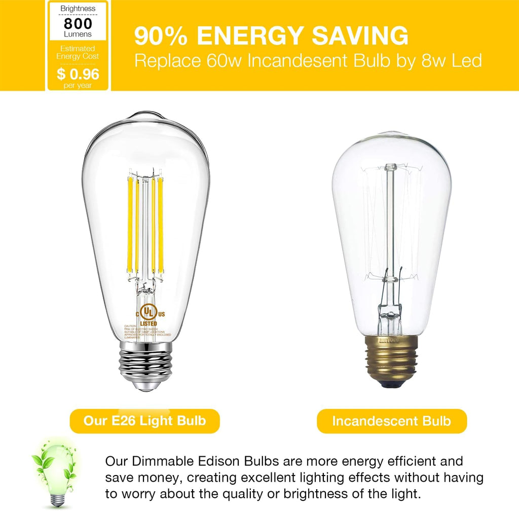 12 Pack Vintage LED Edison Bulbs, E26 Led Bulb 60W Equivalent, Dimmable Led Light Bulbs, High Brightness 800 LM