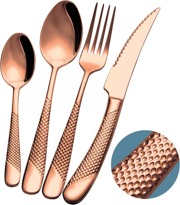 16-Piece ​Modern Copper Hammered Silverware Set with Ultra Sharp 2-IN-1 Serrated Knife