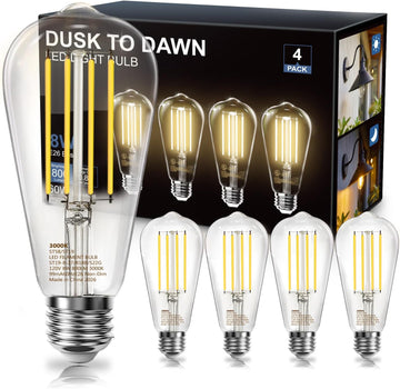 Dusk to Dawn Light Bulbs Outdoor ST58 60W Equivalent 3000K 4-Pack