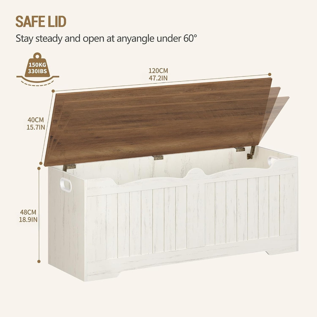 47" Lift Top Storage Bench,225L/59Gal FSC Wood Chest | Retro White | 330lb Seating | Double Hinges | Bedroom Blanket