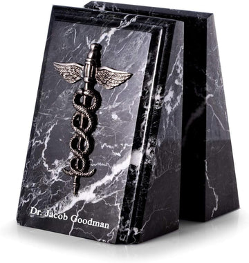 Personalized Marble Caduceus Bookends (Black, Set of 2), 7.25" Tall, 15 lb Heavy Medical Textbook Holders with Custom