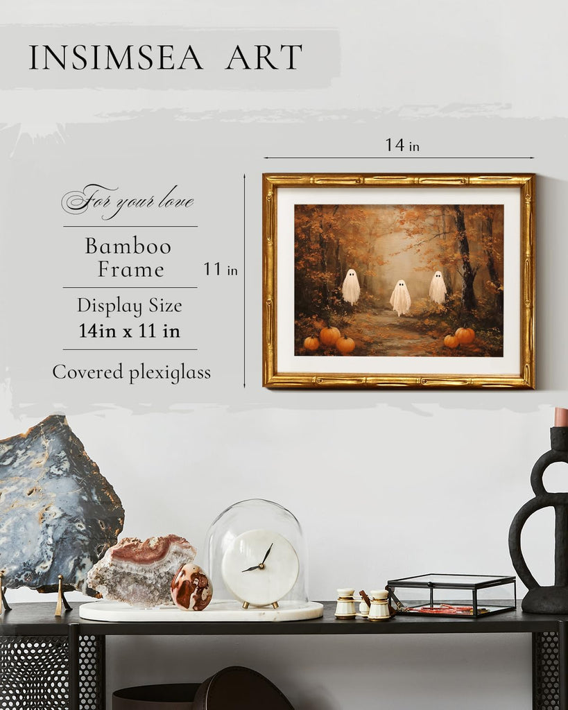 Gold Bamboo Framed Fall Wall Art, Autumn Halloween Ghosts, 11x14in