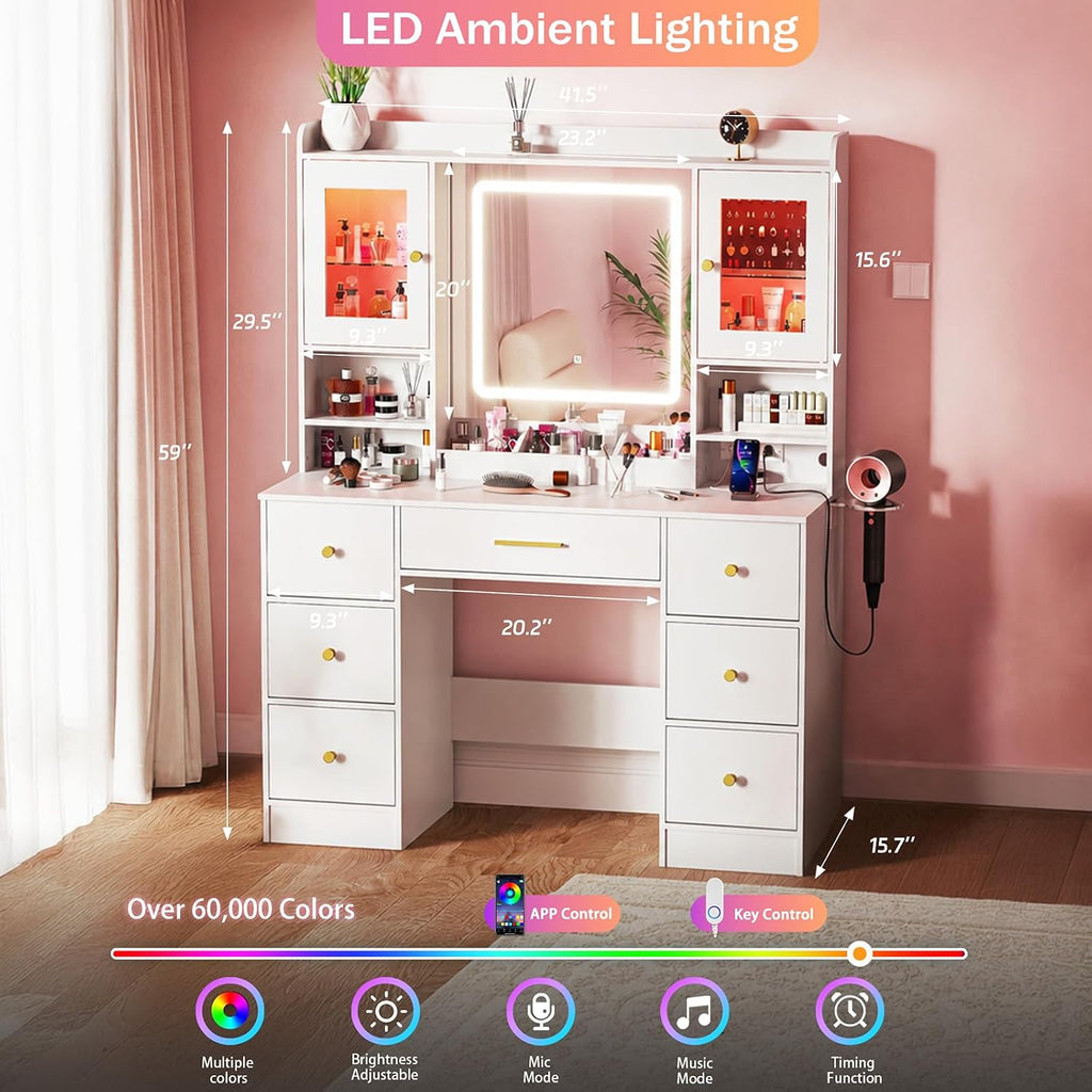 White Makeup Vanity Desk with Mirror and LED Lights,Large Make Up Vanity Table with Lighted Mirror 7 Drawers,Modern