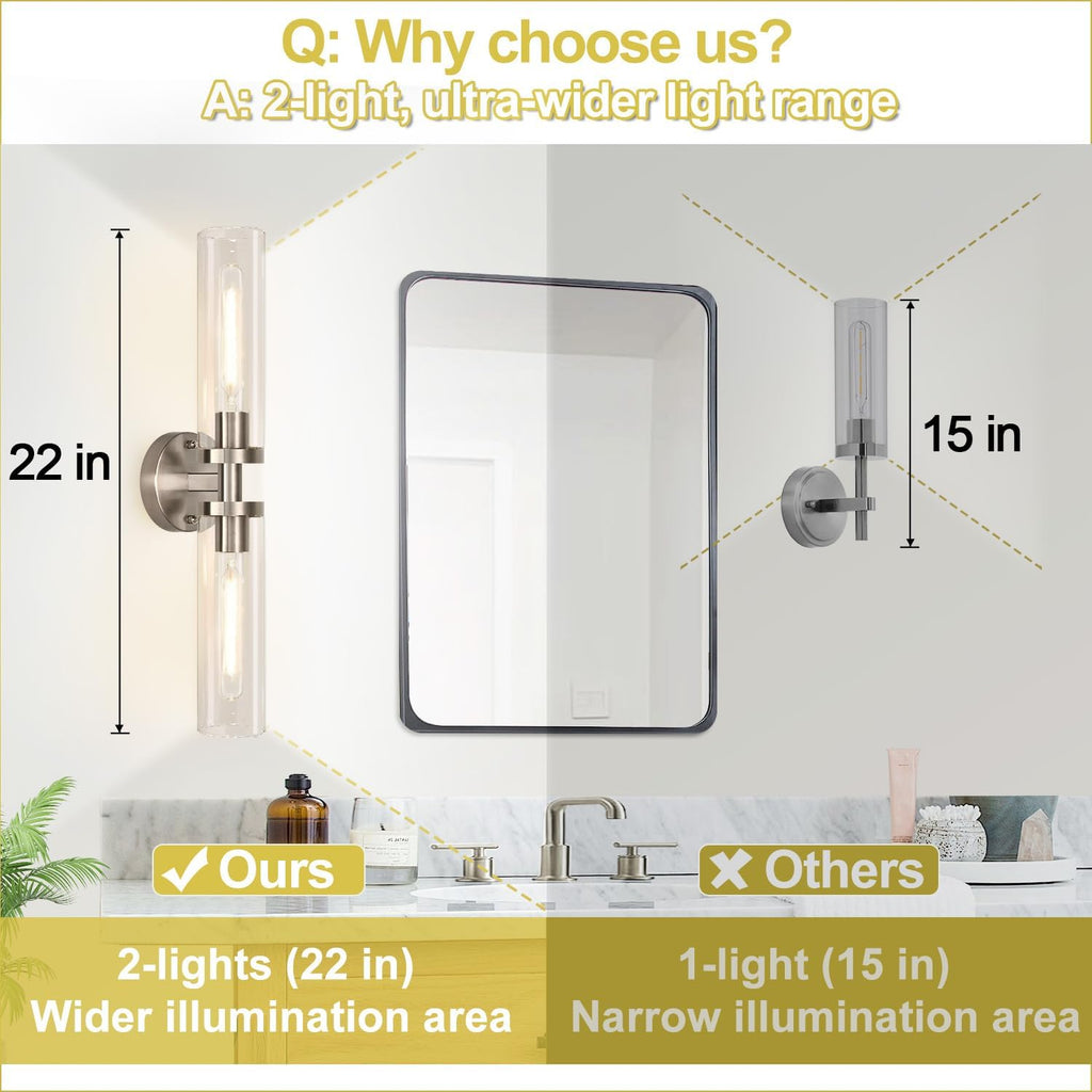 Wall Sconces Set of Two, Hardwired Brushed Nickel Bathroom Sconces Wall Lighting with Clear Glass, Modern Sconces
