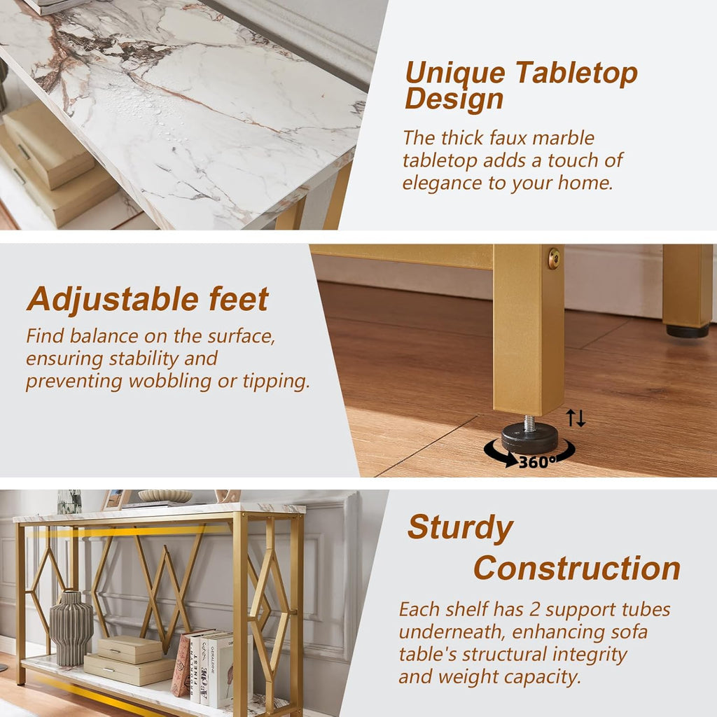 55 Inch Modern Entryway Console Table, White & Gold Faux Marble Top Engineered Wood Sofa Table with 2-Tier Open