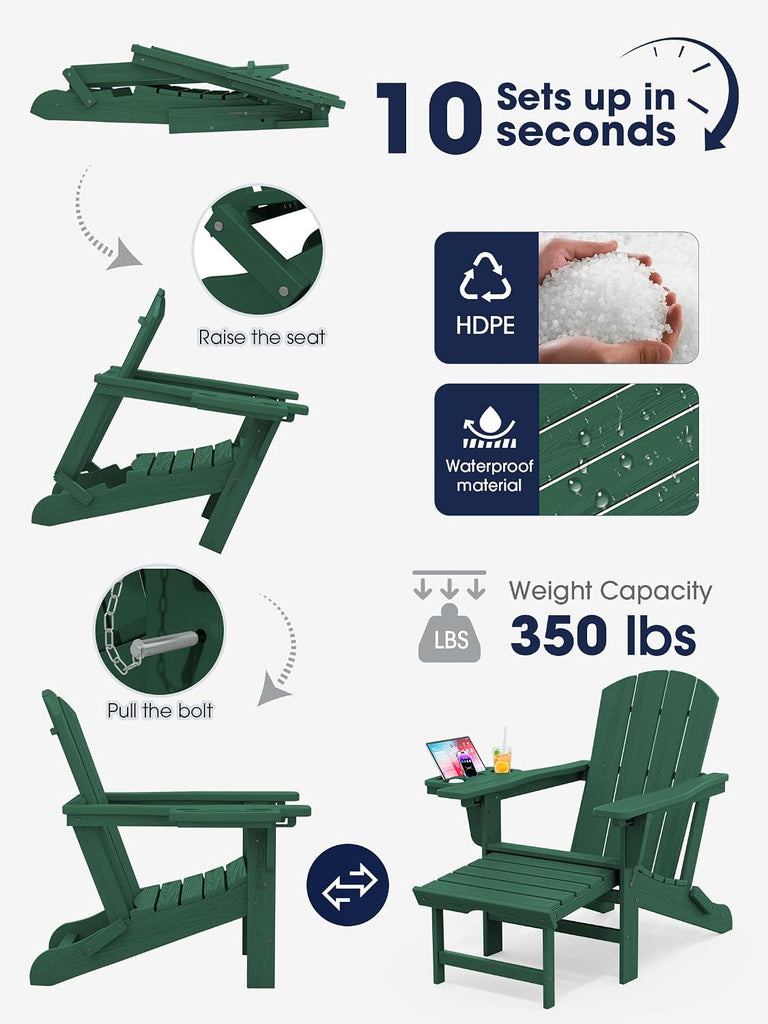 Adirondack Chair with Footrest & 4-in-1 Cup Holder, Green | HDPE Adjustable Folding Adirondack Chair with Pull-Out