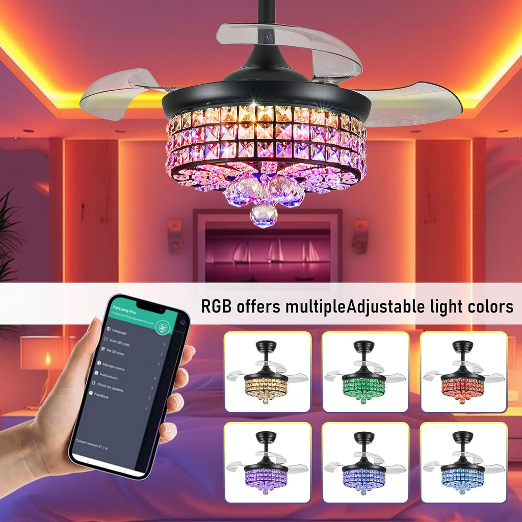 30" RGB Crystal Ceiling Fan with Light, Retractable Modern Chandelier Fan 6 Speeds Reversible Blades Black