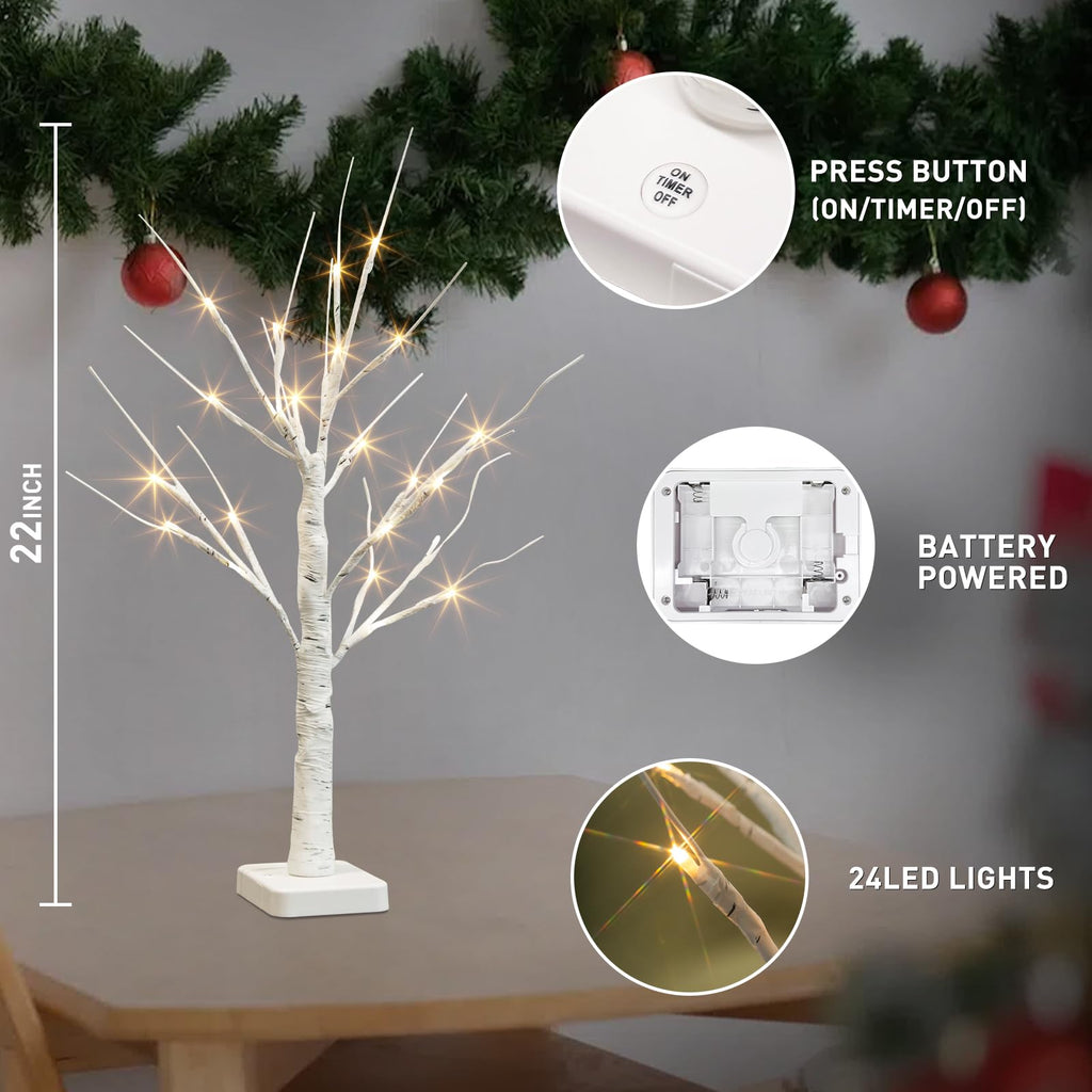 Lighted Birch Tree, Christmas Tree with 24 LED Lights, Tabletop Centerpiece Artificial Tree Lights with Timer Bedroom