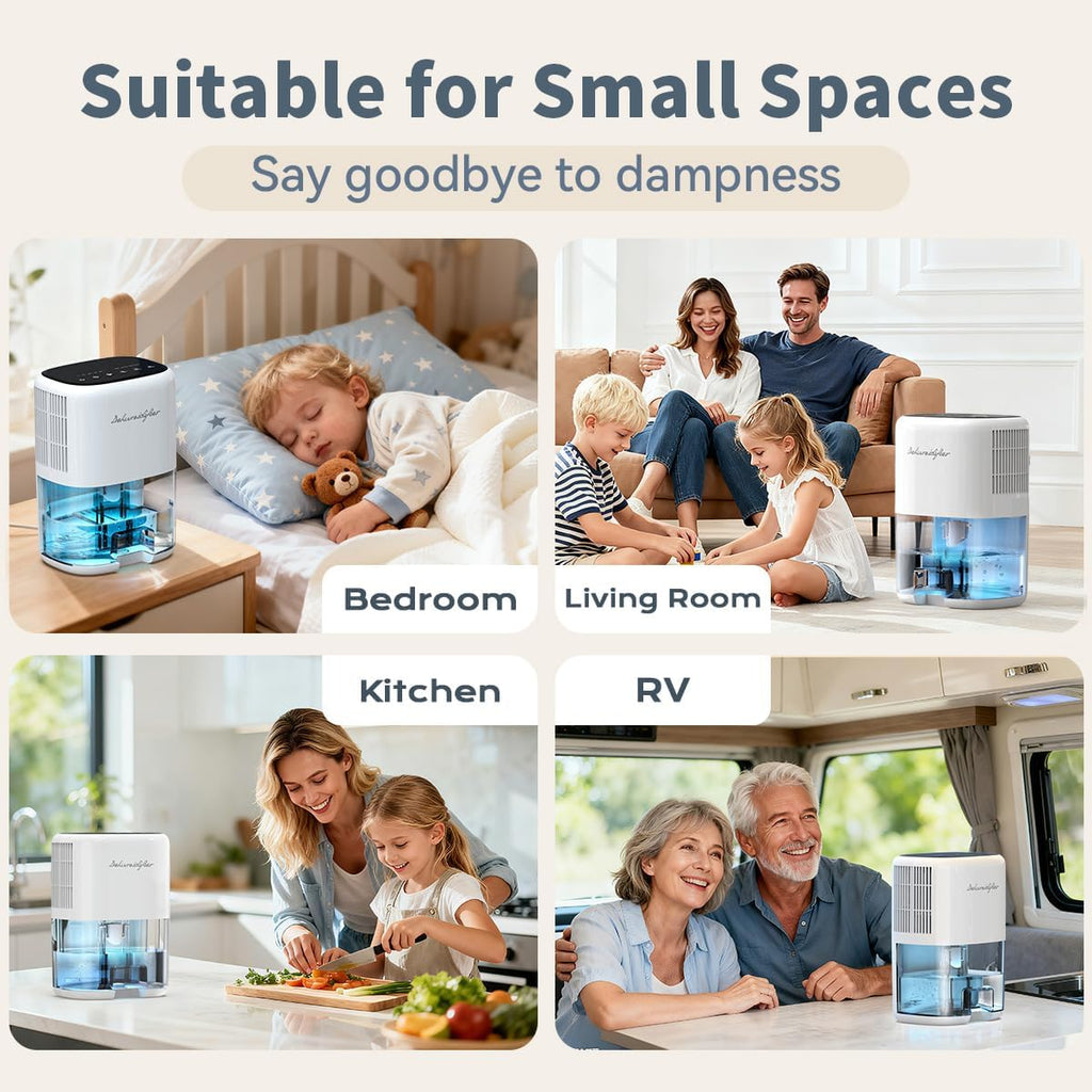Small Dehumidifier for Home 44OZ Quiet with Auto Off & Defrost 5 Timers 3 modes 10 Color Lights 3 Brightness 260 Sq.ft