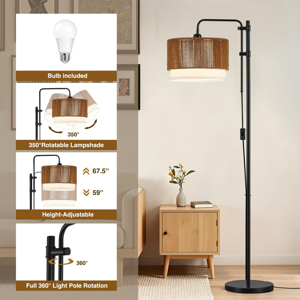 Rattan Floor Lamp, Adjustable Height Standing Lamp
