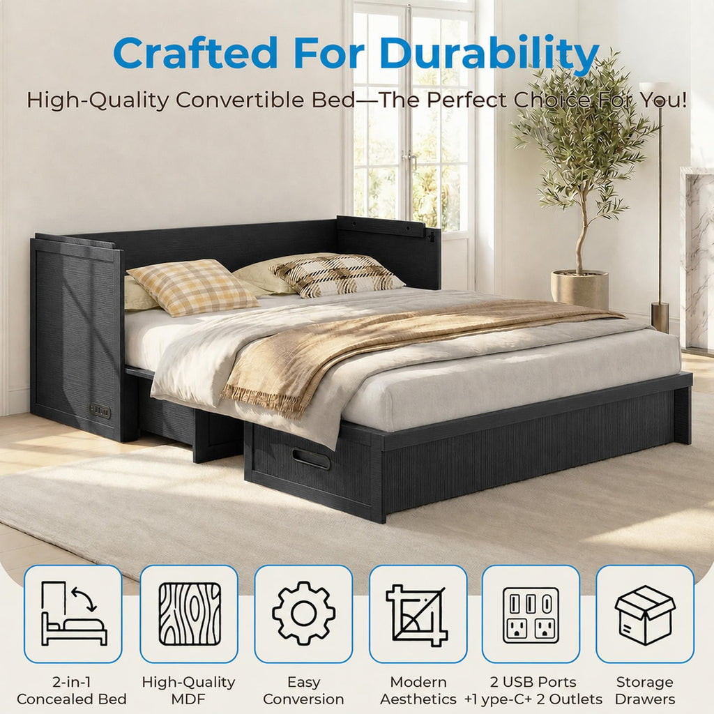Queen Murphy Bed Cabinet with Tri-Fold Mattress Included, Black