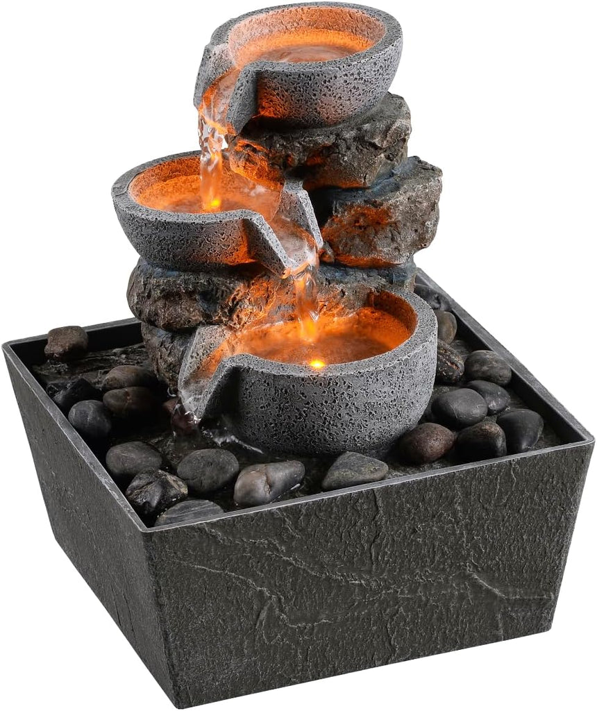 Decorative Indoor Fountain 3-Bowl Rockery Soothing Sound Tabletop Fountains Decor with Led Light/Some