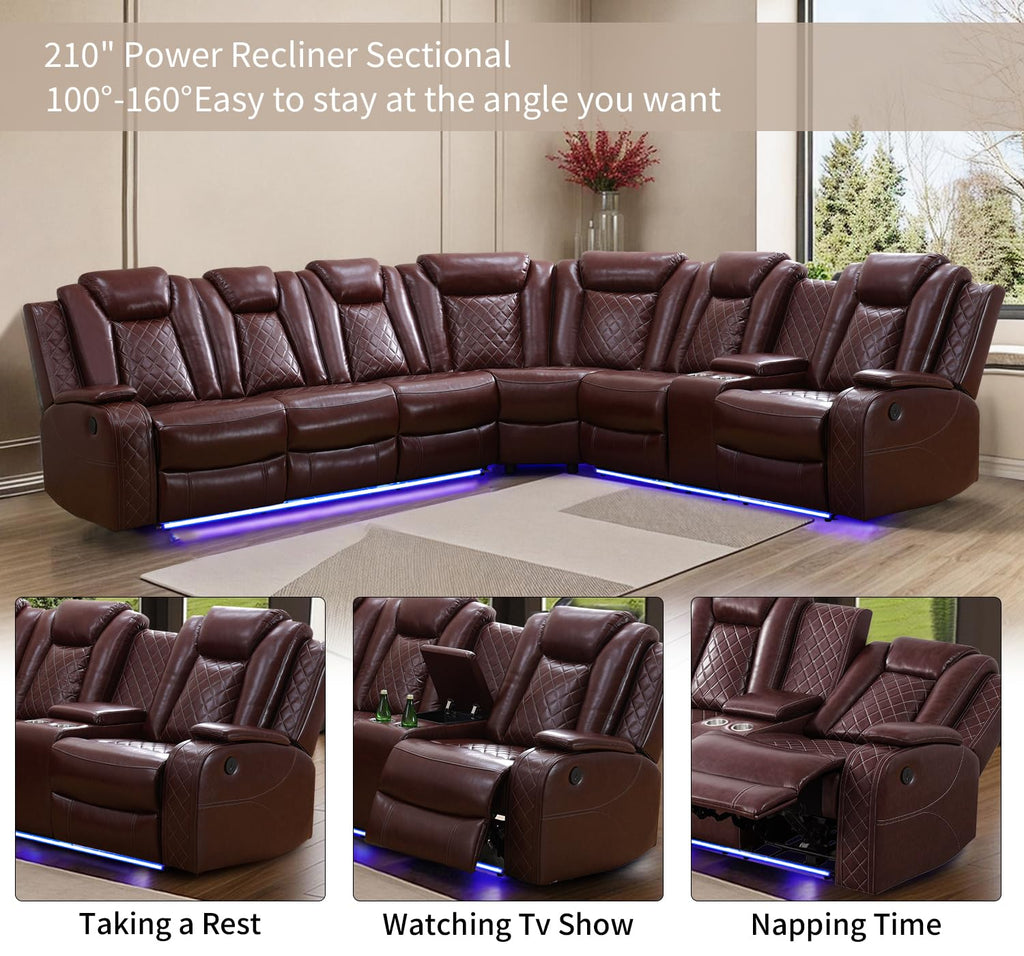 Power Recliner Sofa Sectional Couch with LED Light, Burgundy Leather Reclining Corner Sectional Sofa with 3