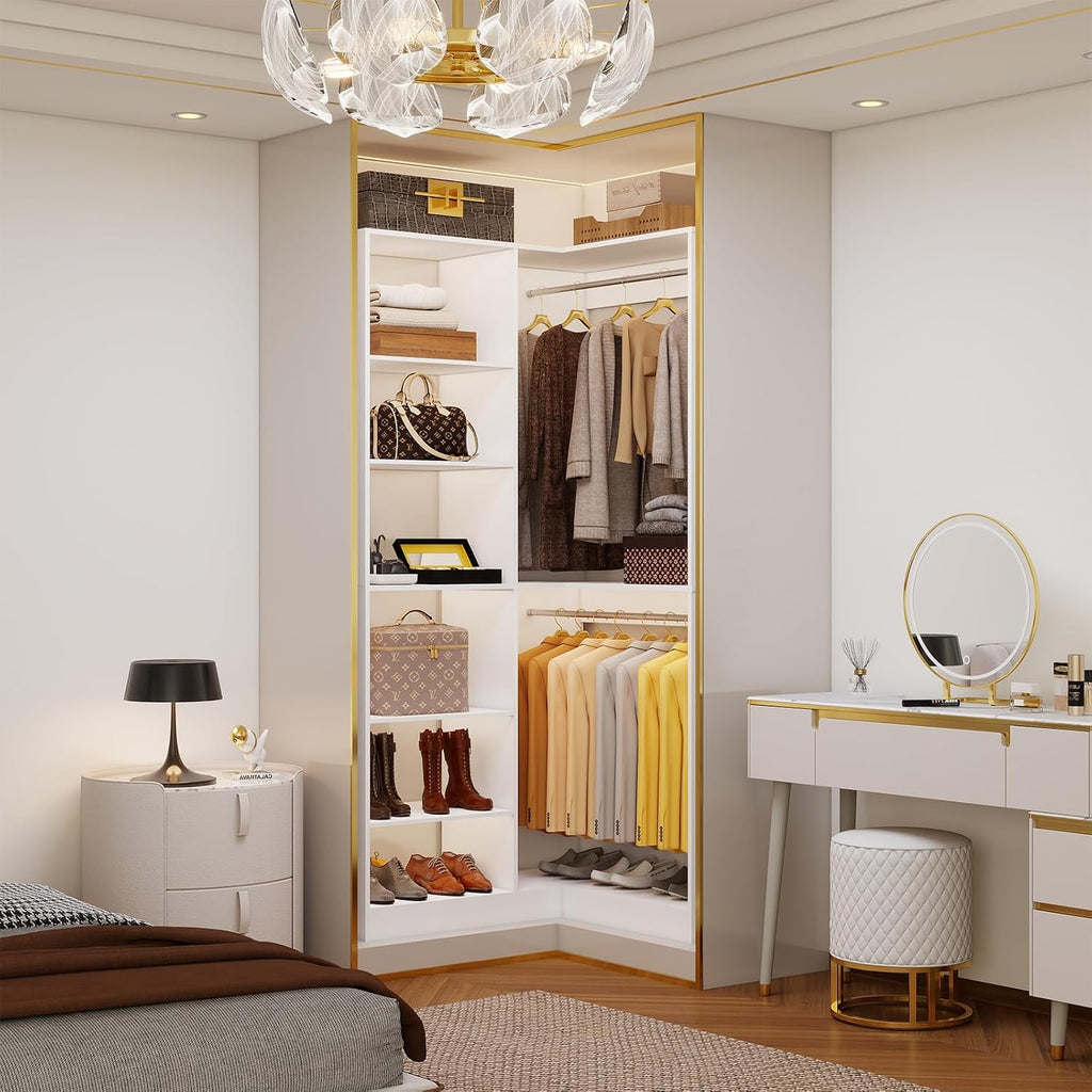 Corner Closet System with 6 Shelves, Custom 39.4"-78.8" Closet Organizer System with 3Hanging Rods, Walk in Corner