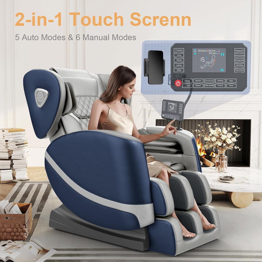 Massage Chair Full Body Zero Gravity Recliner, 2026 Blue Leather | 14 Shiatsu Rollers, 10 Airbags, 5 Auto Modes