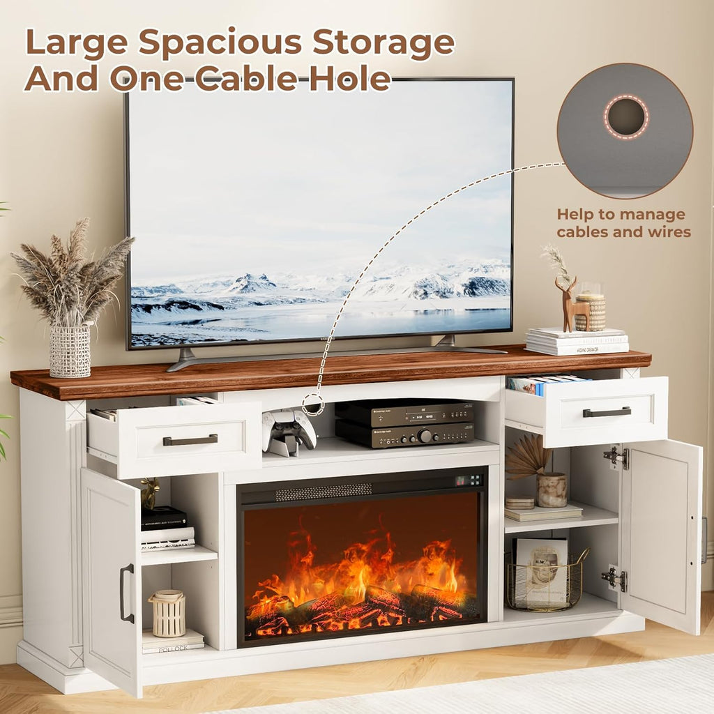 70 Inch Fireplace TV Stand for TVs up to 80 Inches, Farmhouse Entertainment Center with Electric Fireplace, Storage Drawers, White