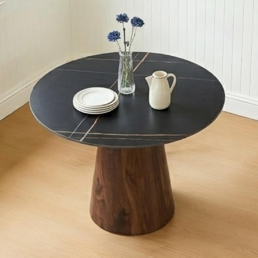 Faux Marble Round Dining Table for 4/5/6, 42" Modern Round Kitchen Table with Black Sintered Stone Top and Walnut