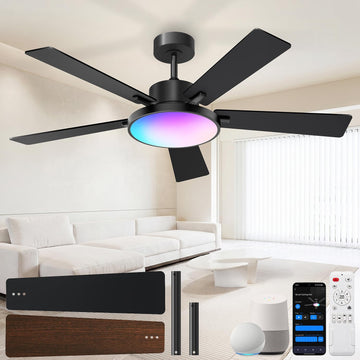 Ceiling Fan with Light,RGBCW Smart 52" Low Profile Ceiling Fan with Light and Remote,Alexa/Google/App Control