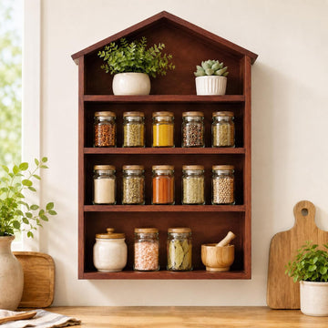 Rustic Natural Wood House Shaped Spice Rack Wall Mounted Floating Shelves Storage Organizer Countertop Farmhouse