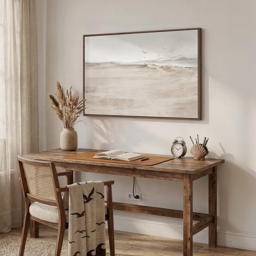 Framed Neutral Coastal Beach Canvas Wall Art, Abstract Landscape Canvas Prints Paintings for Walls, Large Beige
