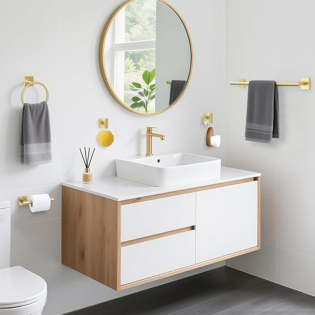 Brushed Gold 5 Piece Bathroom Hardware Accessories Set, SUS304 Stainless Steel Bath Towel Bar Set, 24 Inch Round