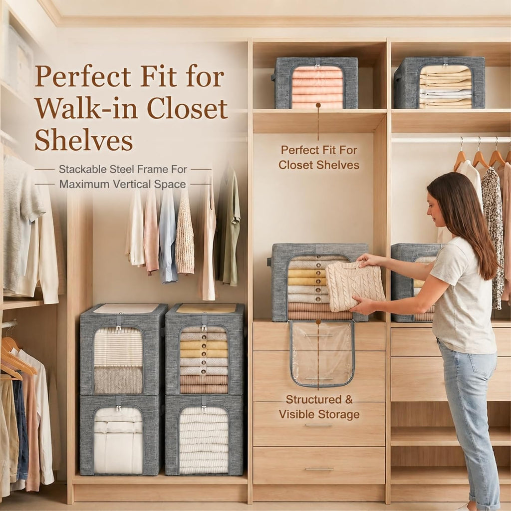 Clothes Storage Bins with Metal Frame for Closet, 40L 6-Pack Grey | Sweaters Hoodies Jeans T-Shirt, Closet Top Shelf