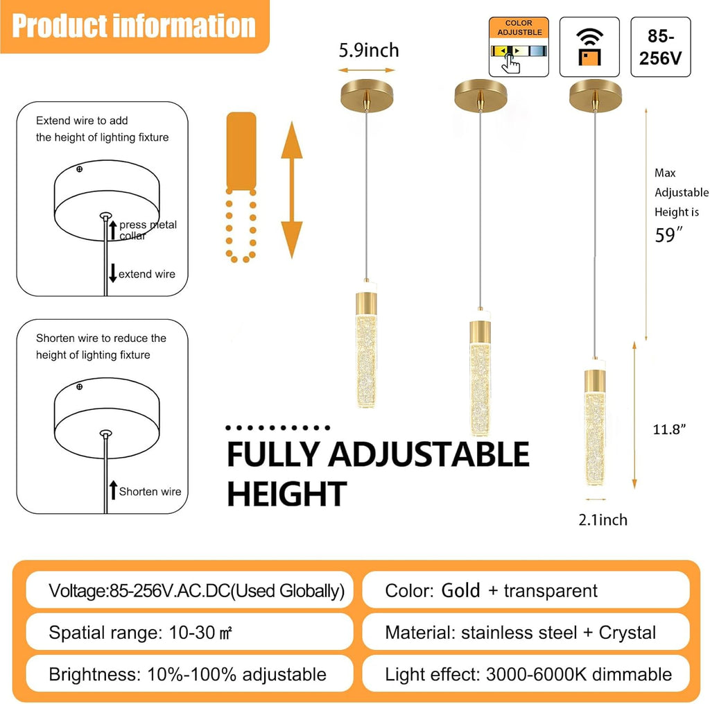 Gold Pendant Light Crystal Pendant Light Fixtures for Kitchen Island Lighting 3000k-6000k LED Modern Adjustable