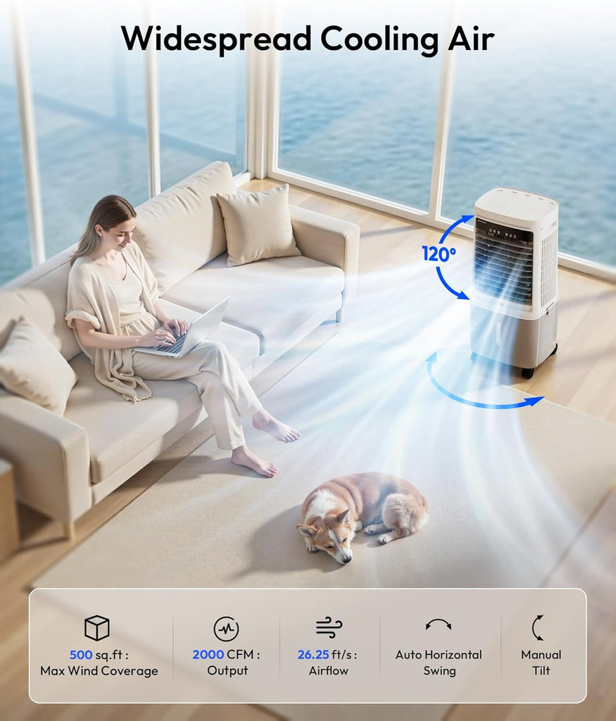 3-in-1 Portable Evaporative Air Cooler - 2000 CFM Swamp Cooler with 6.6-Gal Dual Tank & 4 Ice Packs, Remote Control