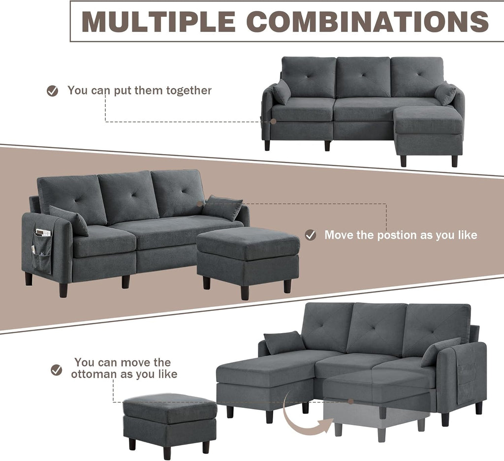 Convertible Sectional Sofa, 77" Small L Shaped 3 Seat Couch with Reversible Storage Chaise
